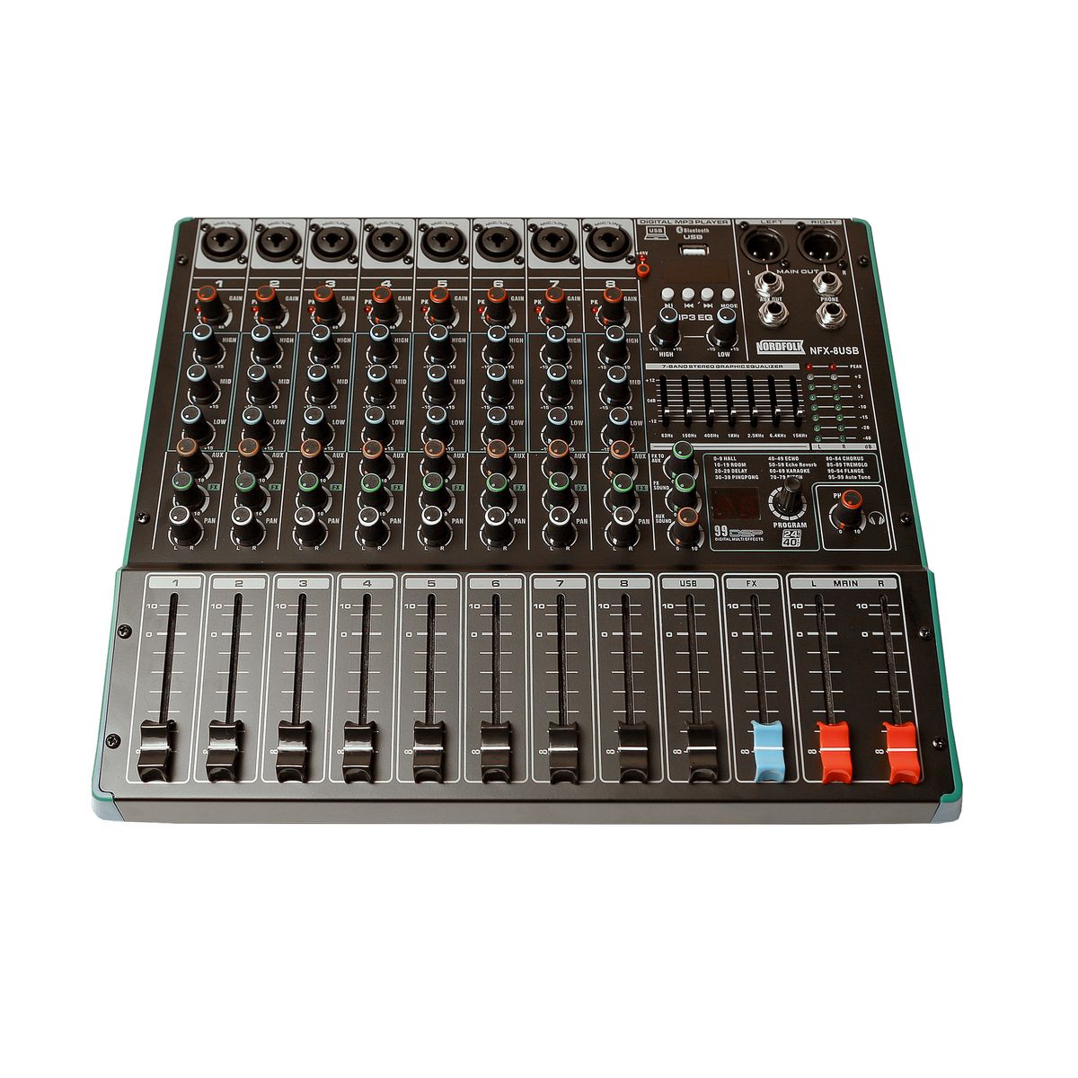 Nordfolk NFX-8USB микш пульт, 8 микр/лин,1 стер USB, DSP, MP3 плеер, Bluetooth