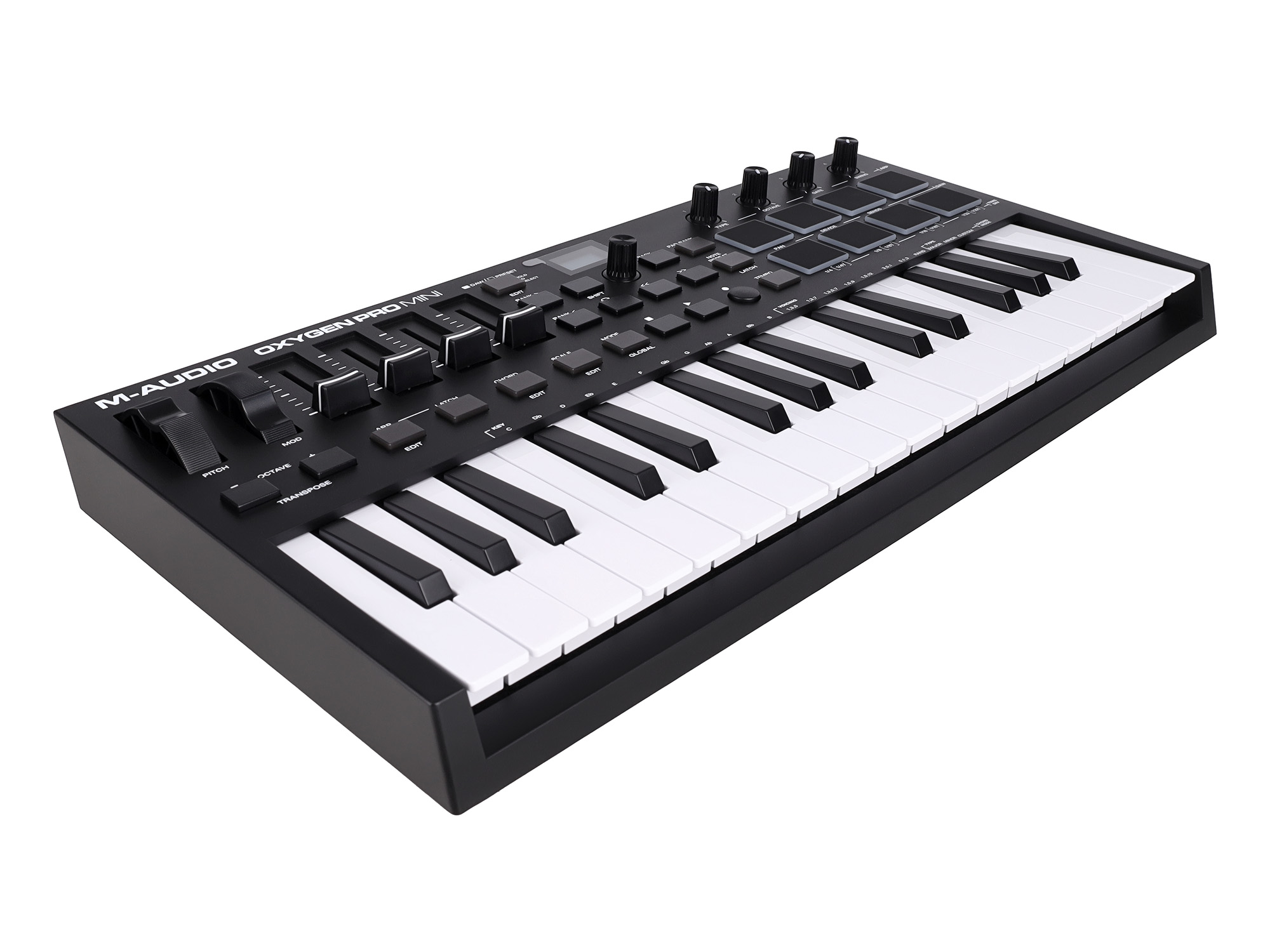 MIDI клавиатура [OXYGENPROMINI] M-audio [Oxygen Pro Mini] 32 клавиши, 4 энкодера, 4 фейдера, 8 пэдов, 12 кнопок управления, колеса высоты тона и модуляции, smart control, auto-mapping, встрое