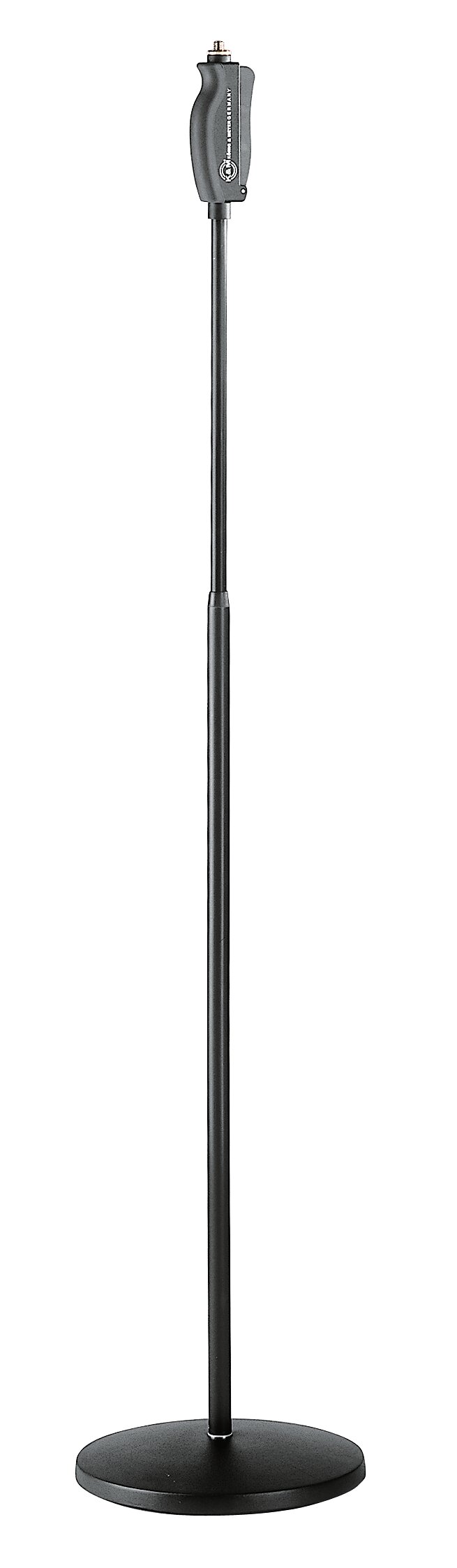 Прямая микрофонная стойка K&M [26085-300-55] высота от 1060 до 1790 мм, круглое чугунное основание, механизм регулировки высоты одной рукой "Soft-Touch", материал стойки - алюминий, цвет черн