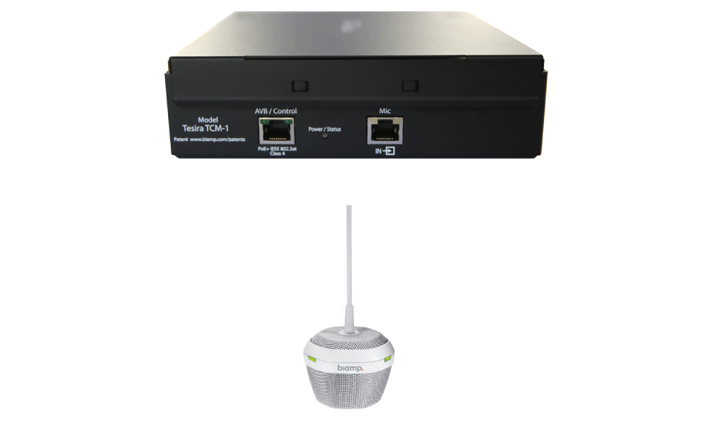 Микрофон BIAMP [Parle/TesiraTCM-1(White)] подвесной, технология Beamtracking(AVB); 3 зоны по 120°; LED mute индикаторы; 2хRJ45(доп.для подключения TCM-1EX к plenum box).2-pin 3.5 mm Phoenix.P