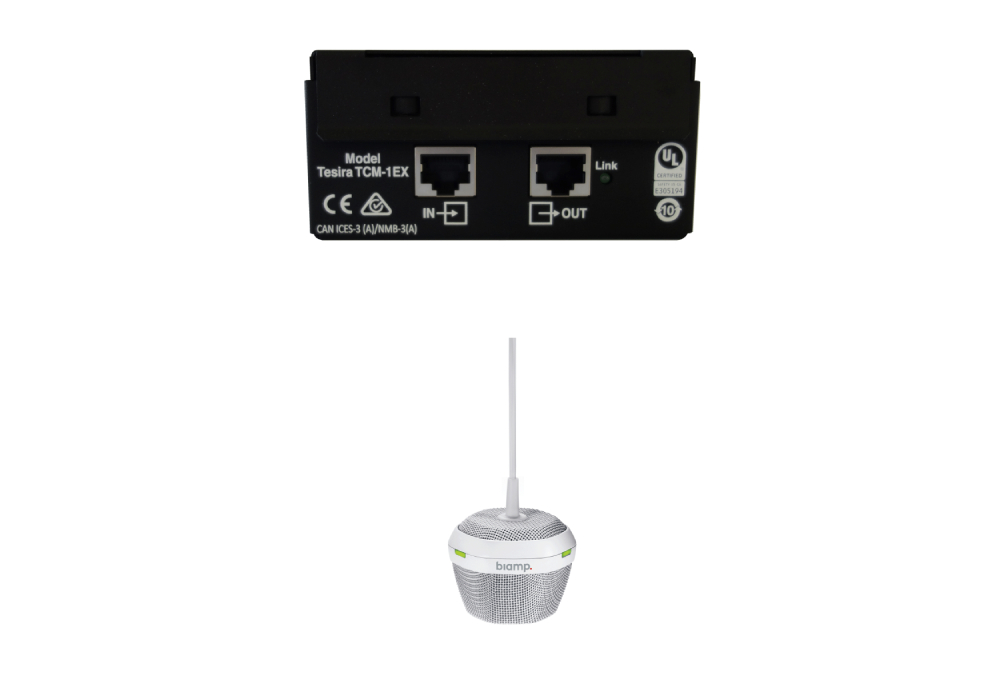 Микрофон BIAMP [Parle/TesiraTCM-1EX(White)] (вспомогательный к TCM-1):подвесной, технология Beamtracking(AVB);3 зоны по 120°;LED mute индикаторы; 2хRJ45 (link, макс.3 микрофона).2-pin 3.5mm P