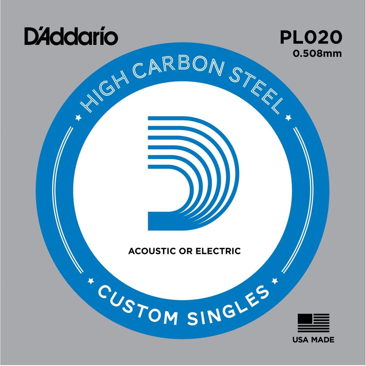 D`Addario PL020 отдельная струна ,020" из стали без обмотки для акустической и электрической гитары